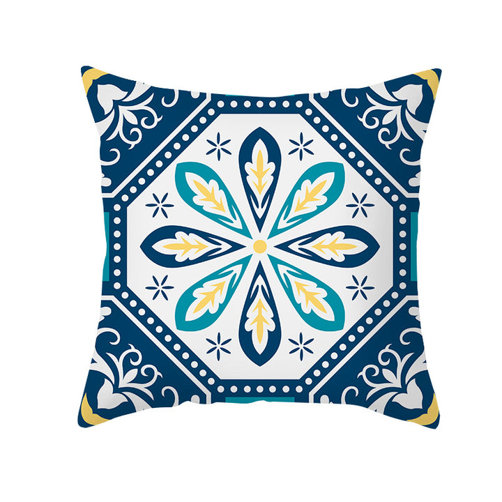 Square Modern Geometric Tile-Pattern Linen-Blend Throw Pillow Cover