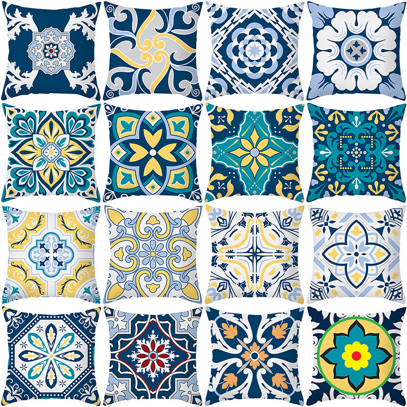 Square Modern Geometric Tile-Pattern Linen-Blend Throw Pillow Cover
