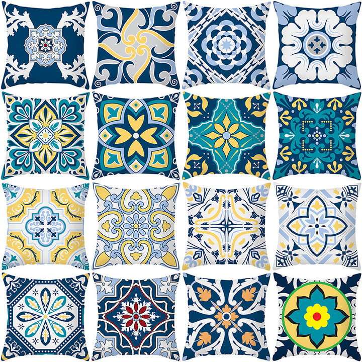 Square Modern Geometric Tile-Pattern Linen-Blend Throw Pillow Cover