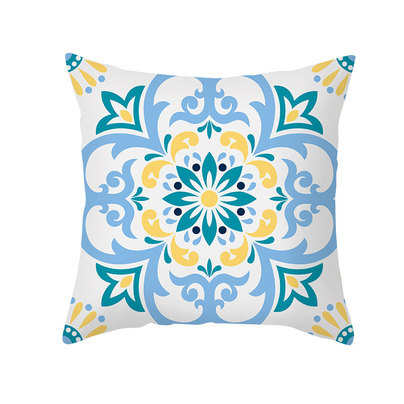 Square Decorative Throw Pillow Cover Mediterranean Tile Floral Motif with Hidden Zipper