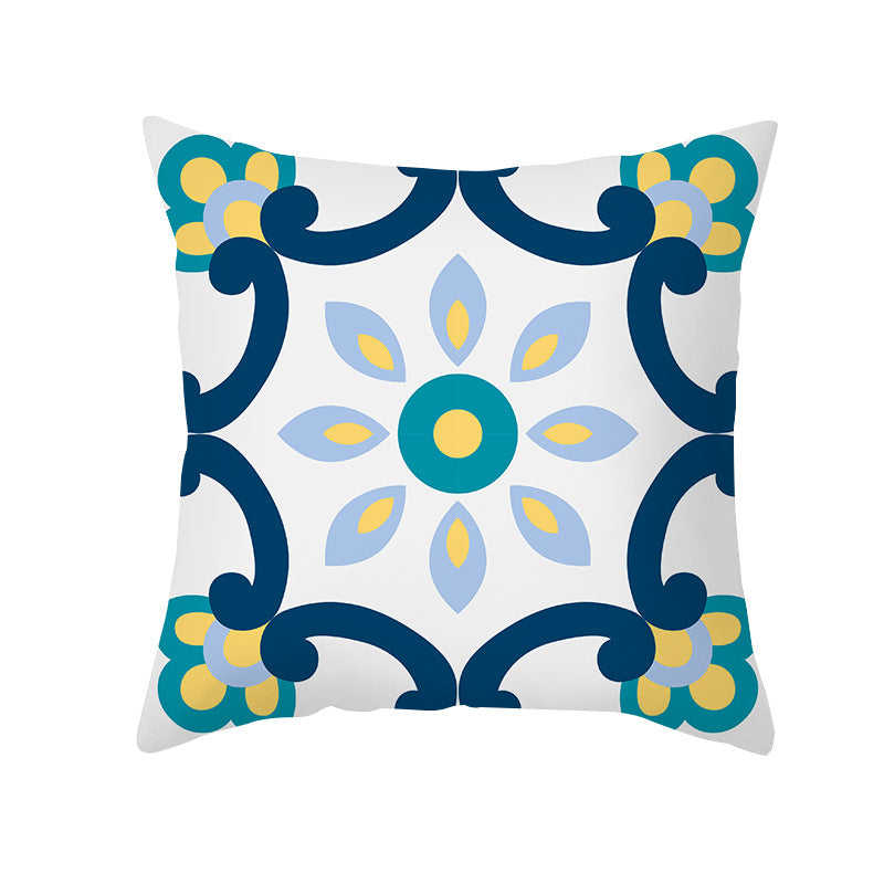 Square Decorative Throw Pillow Cover Mediterranean Tile Floral Motif with Hidden Zipper