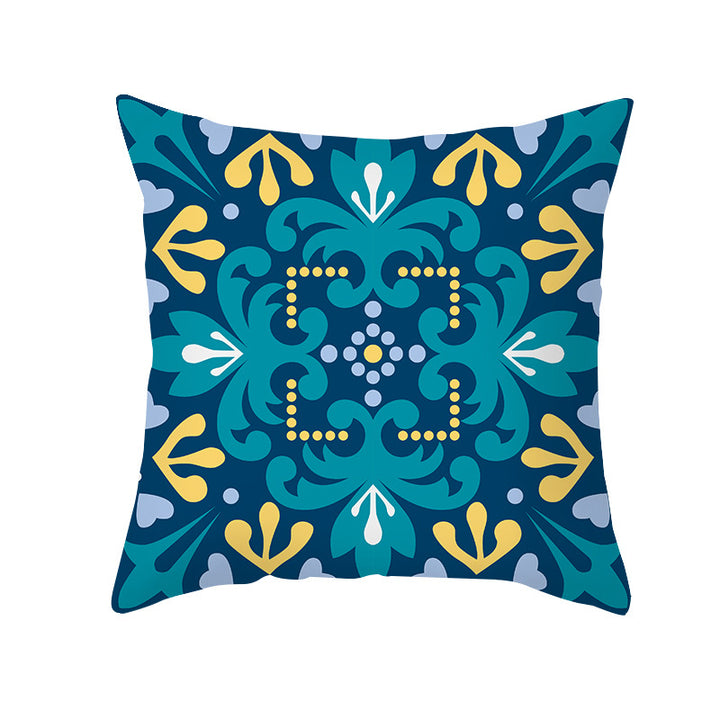 Square Modern Geometric Tile-Pattern Linen-Blend Throw Pillow Cover