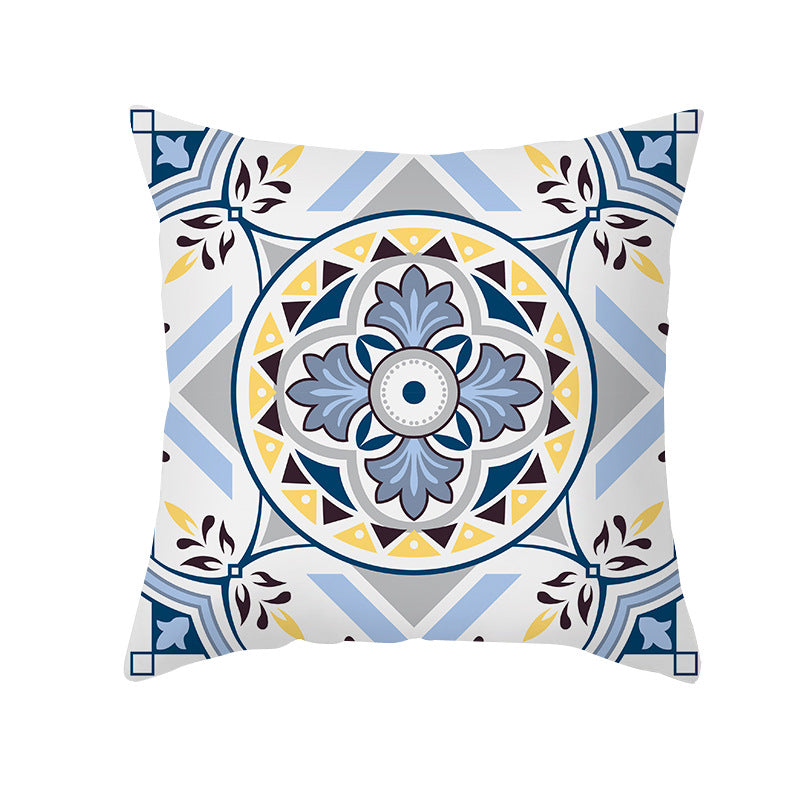 Square Modern Geometric Tile-Pattern Linen-Blend Throw Pillow Cover