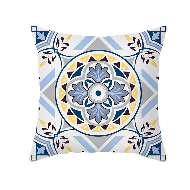 Square Modern Geometric Tile-Pattern Linen-Blend Throw Pillow Cover