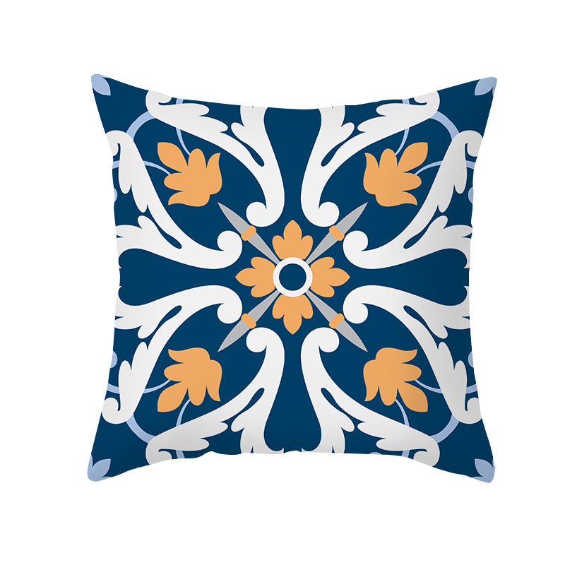 Square Modern Geometric Tile-Pattern Linen-Blend Throw Pillow Cover