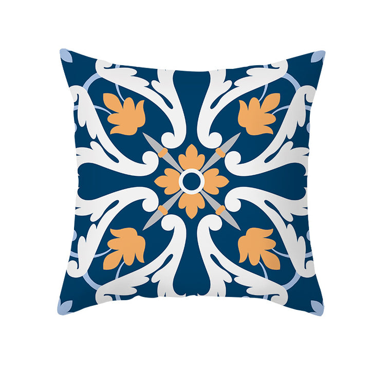 Square Modern Geometric Tile-Pattern Linen-Blend Throw Pillow Cover