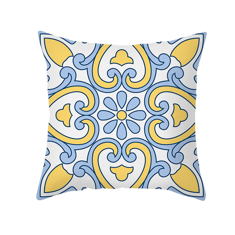 Square Modern Geometric Tile-Pattern Linen-Blend Throw Pillow Cover