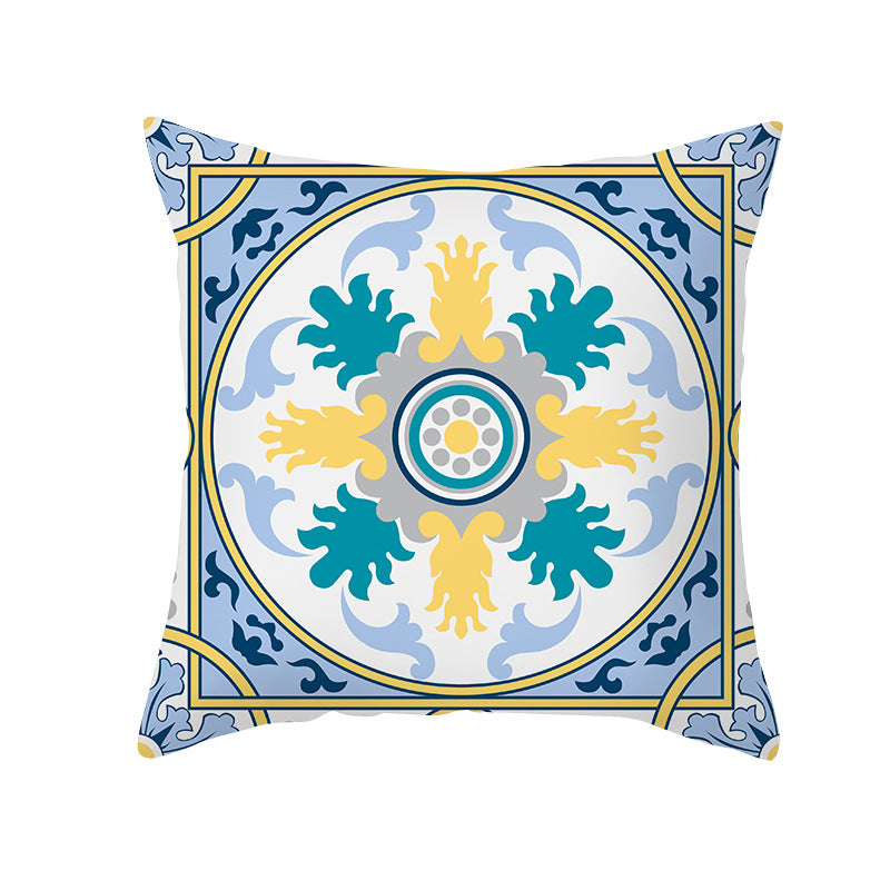 Square Modern Geometric Tile-Pattern Linen-Blend Throw Pillow Cover