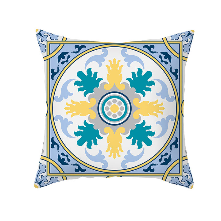 Square Modern Geometric Tile-Pattern Linen-Blend Throw Pillow Cover