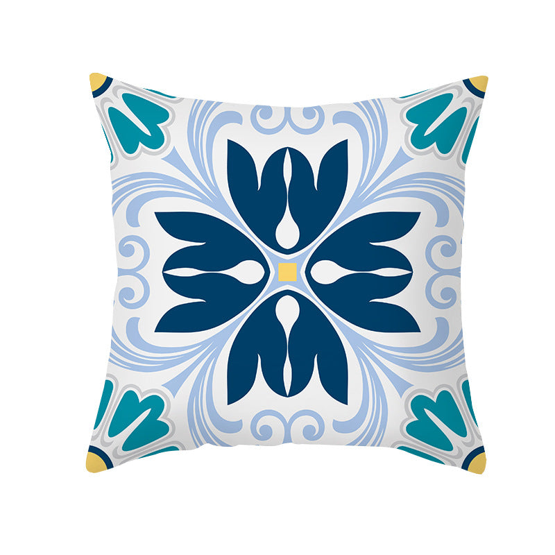 Square Modern Geometric Tile-Pattern Linen-Blend Throw Pillow Cover