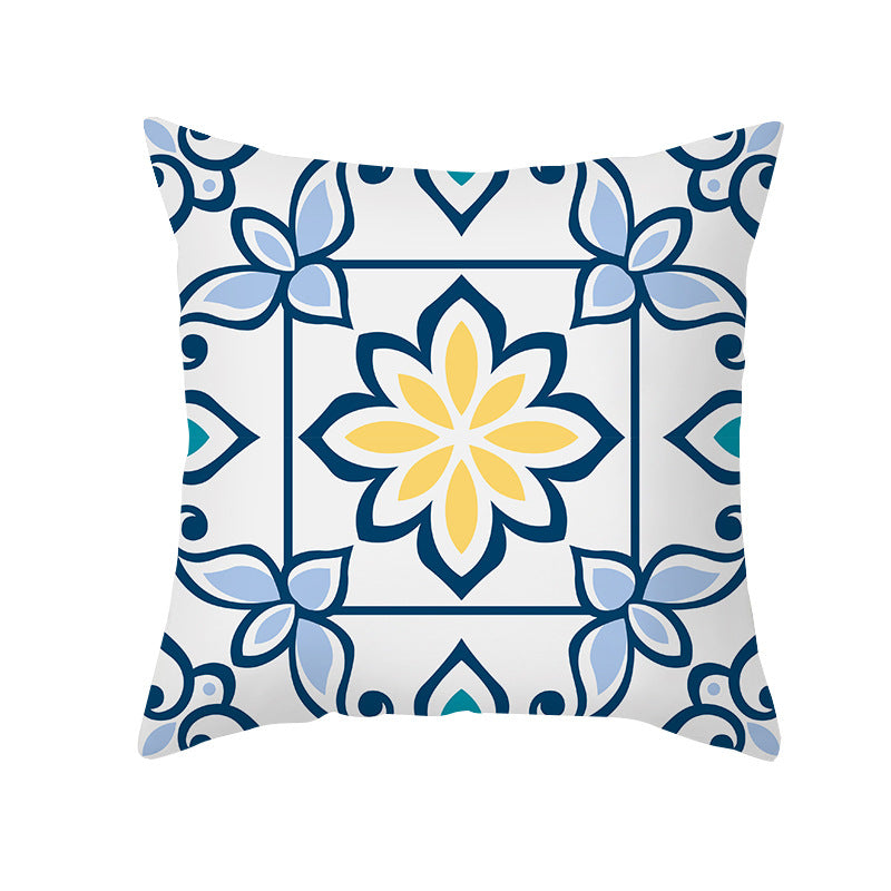 Square Modern Geometric Tile-Pattern Linen-Blend Throw Pillow Cover