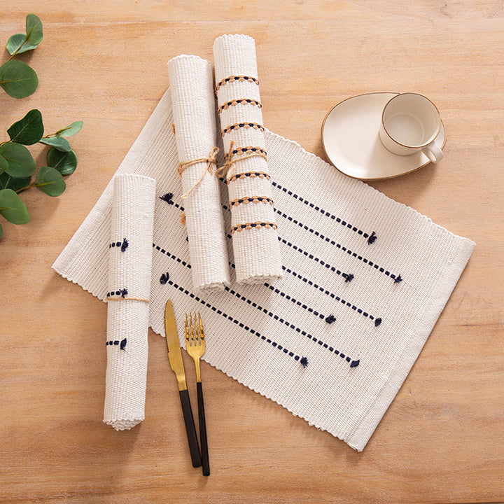 Rectangular woven placemats in fine striped textured design made of cotton blend