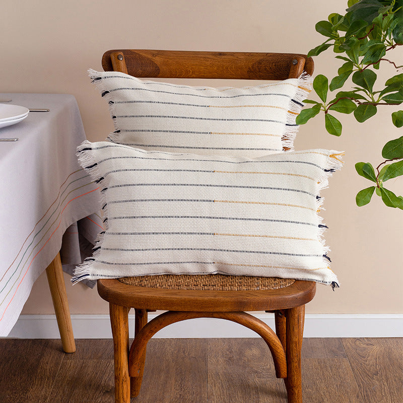 Square woven cushion cover with fine stripes and fringe border Stornfield