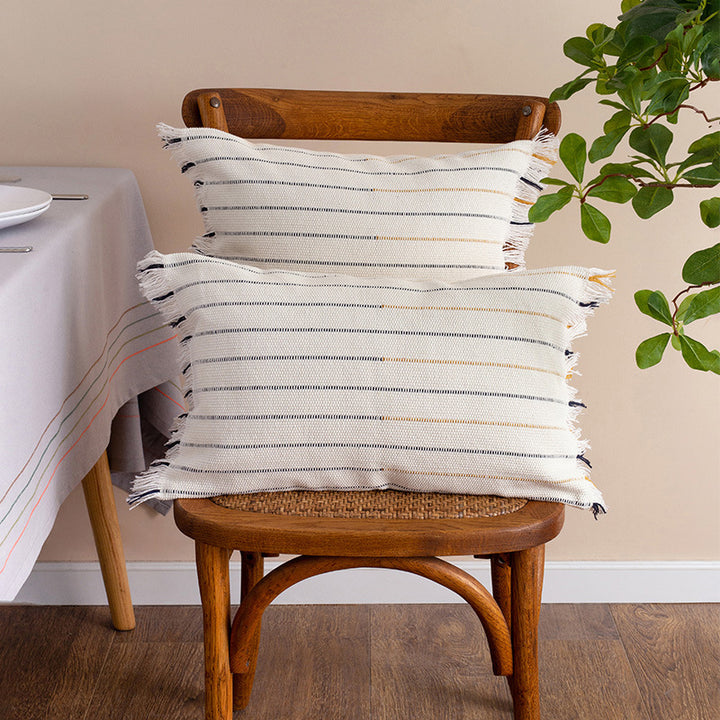 Square woven cushion cover with fine stripes and fringe border Stornfield