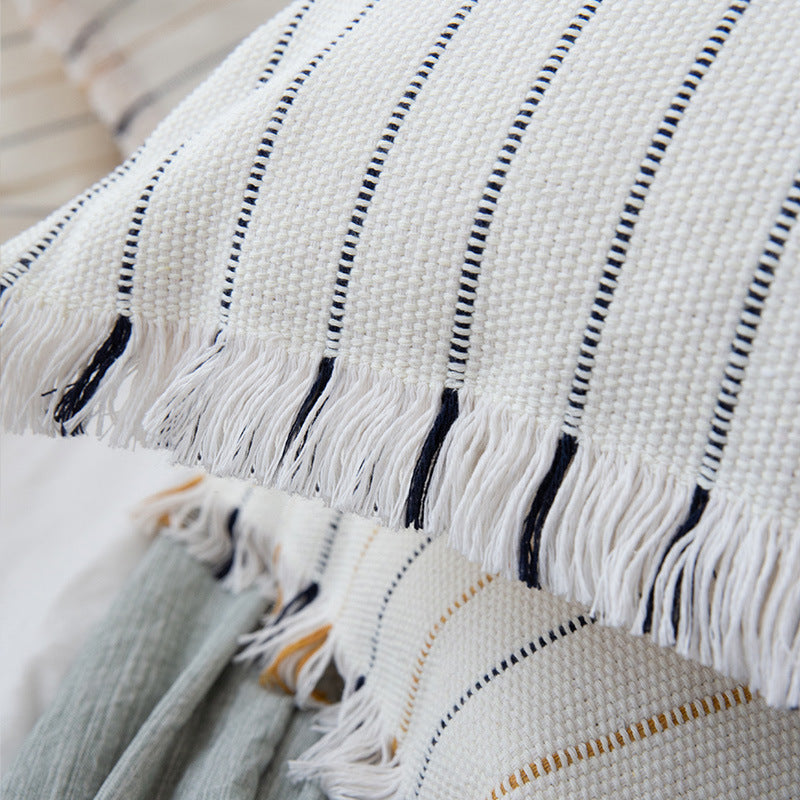 Square woven cushion cover with fine stripes and fringe border Stornfield