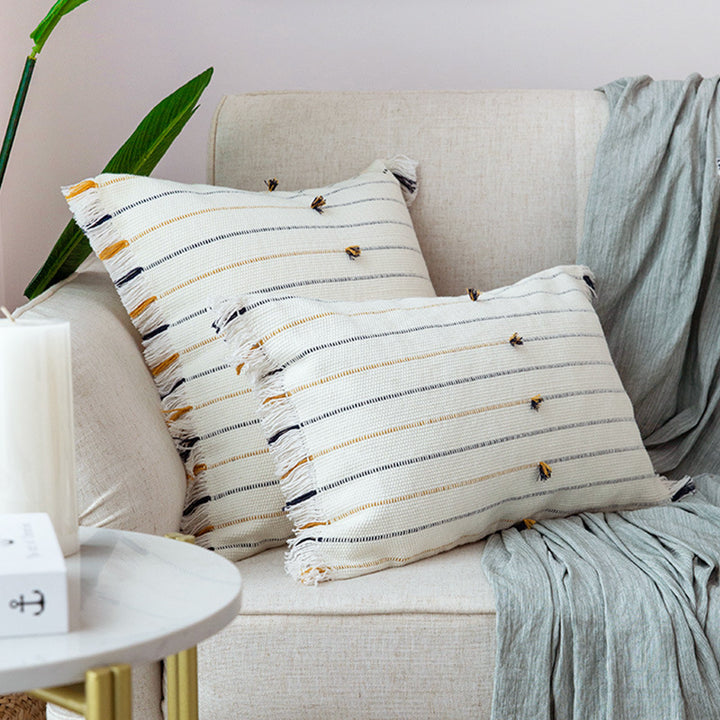 Square woven cushion cover with fine stripes and fringe border Stornfield