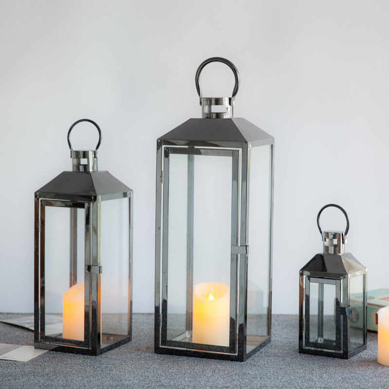 Decorative Gold-Trimmed Glass Lantern Trio with Hinged Door and Carry Ring Stornfield
