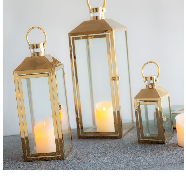 Decorative Gold-Trimmed Glass Lantern Trio with Hinged Door and Carry Ring Stornfield