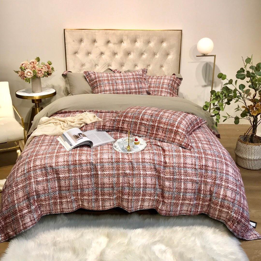 Houndstooth Plaid Reversible Duvet Cover Bedding Set with Solid Sateen Back & Envelope Shams