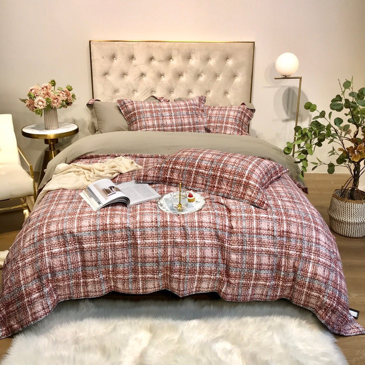 Houndstooth Plaid Reversible Duvet Cover Bedding Set with Solid Sateen Back & Envelope Shams