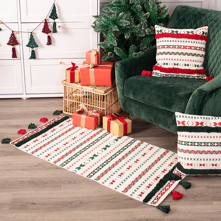 Flat-woven runner rug with Nordic Christmas pattern, tassels and cotton blend Stornfield