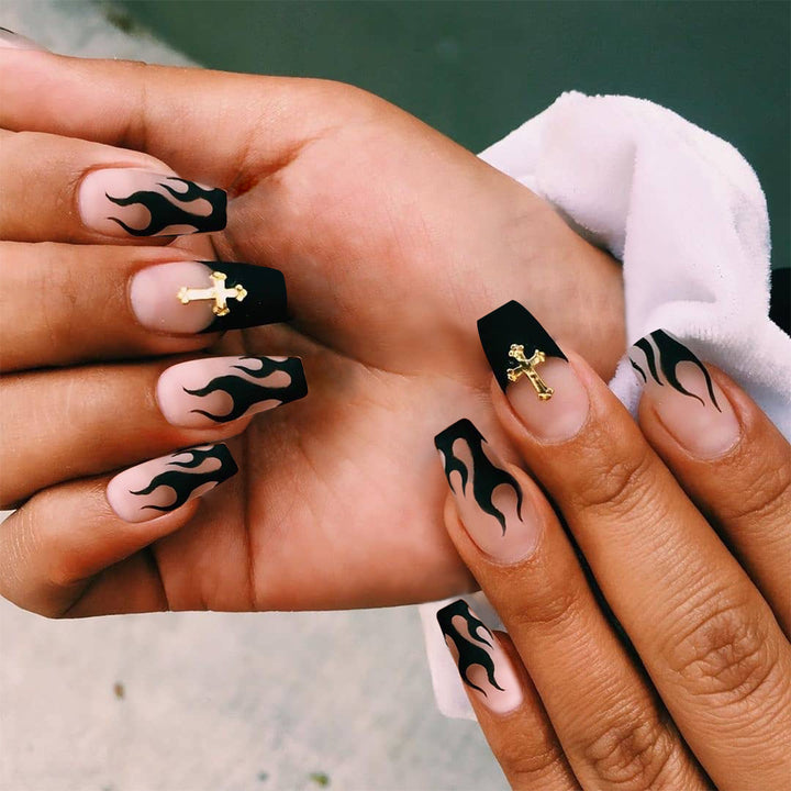 Artistic acrylic nails with flame decor Stornfield