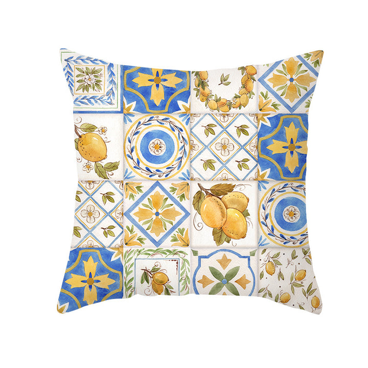 Mediterranean Lemon Tile Cotton-Linen Throw Pillow Cover