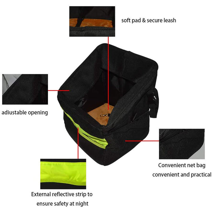 front-mount urban bike pet carrier basket with high-visibility strip padded foam walls quick-release mount and internal safety leash Stornfield