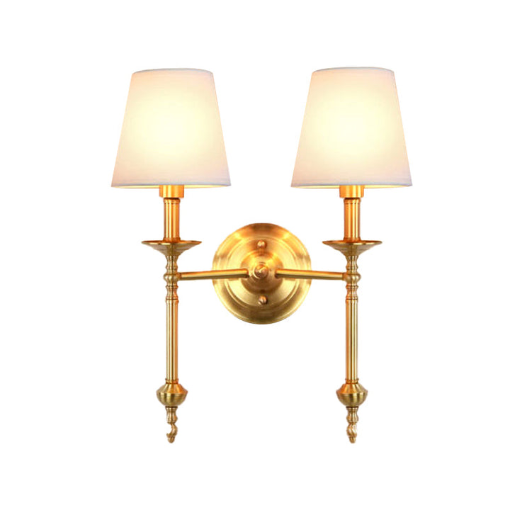 Brass Cone Wall Light Fixture Retro White Fabric Shade 1/2 Bulbs Dining Room Wall Sconce Lighting | Stornfield