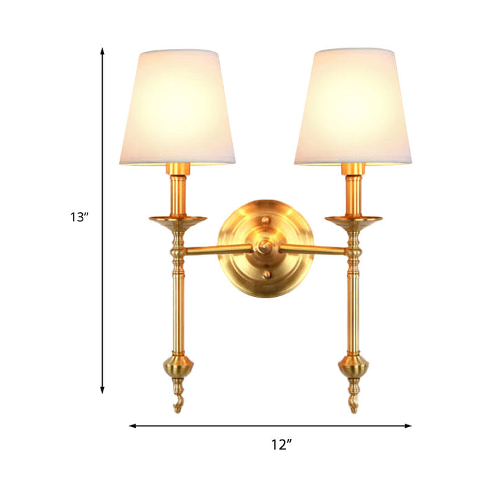 Brass Cone Wall Light Fixture Retro White Fabric Shade 1/2 Bulbs Dining Room Wall Sconce Lighting | Stornfield