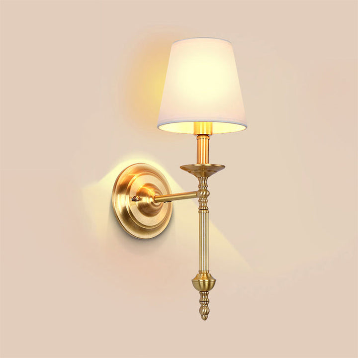 Brass Cone Wall Light Fixture Retro White Fabric Shade 1/2 Bulbs Dining Room Wall Sconce Lighting | Stornfield
