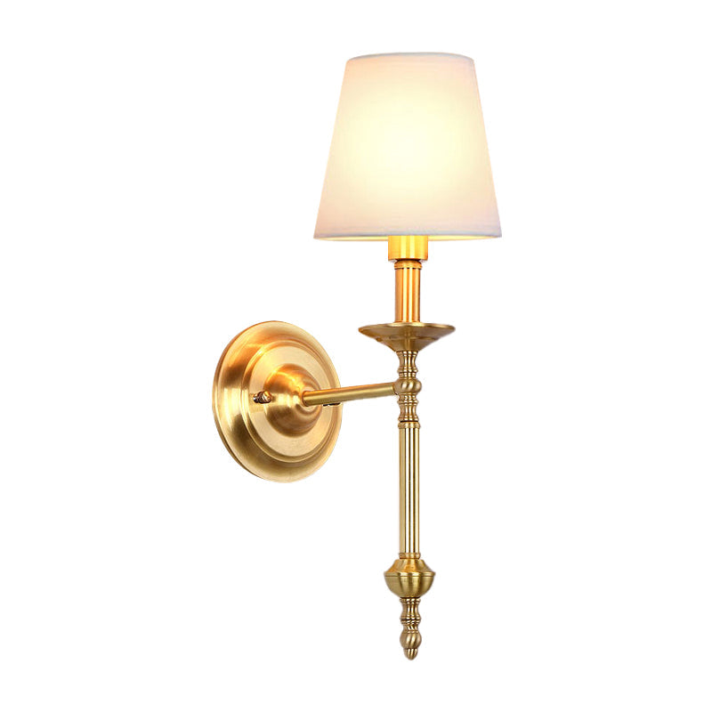 Brass Cone Wall Light Fixture Retro White Fabric Shade 1/2 Bulbs Dining Room Wall Sconce Lighting | Stornfield
