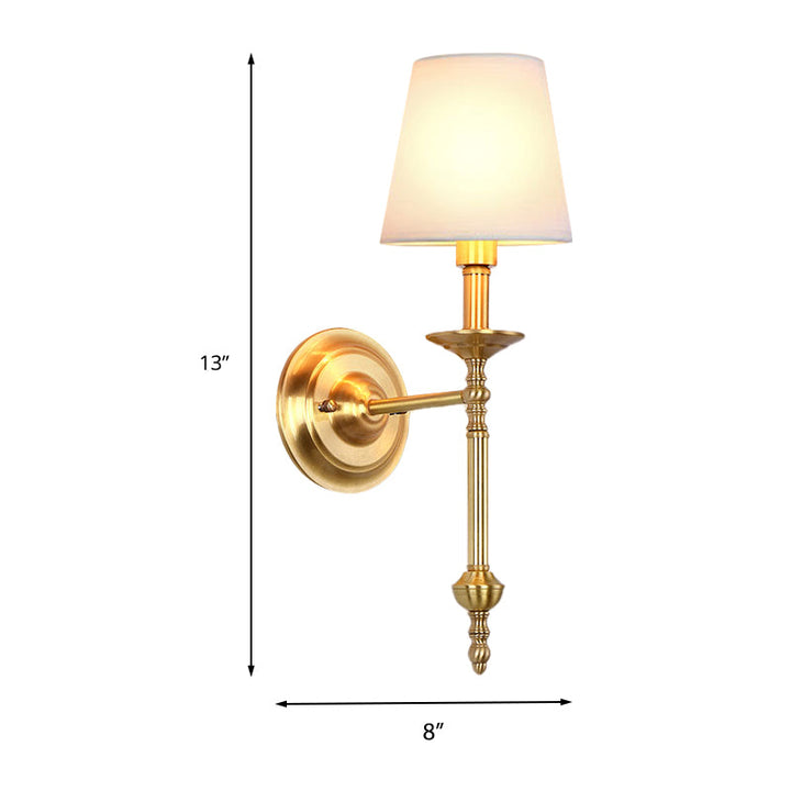 Brass Cone Wall Light Fixture Retro White Fabric Shade 1/2 Bulbs Dining Room Wall Sconce Lighting | Stornfield