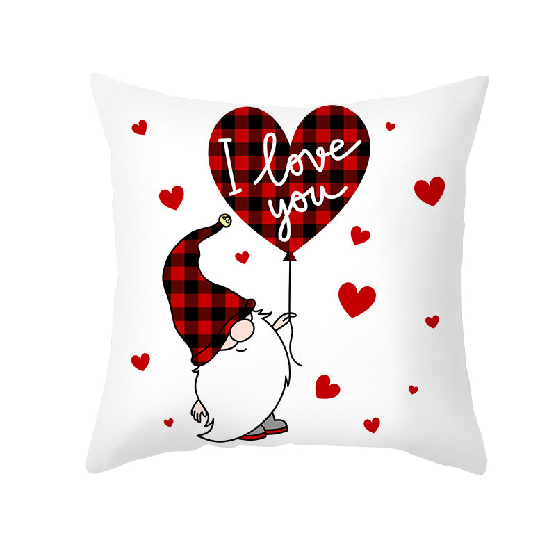 Valentine's Gnome Decorative Throw Pillow Cover with Buffalo Plaid Hat and Heart Garland