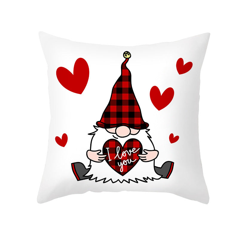 Valentine's Gnome Decorative Throw Pillow Cover with Buffalo Plaid Hat and Heart Garland