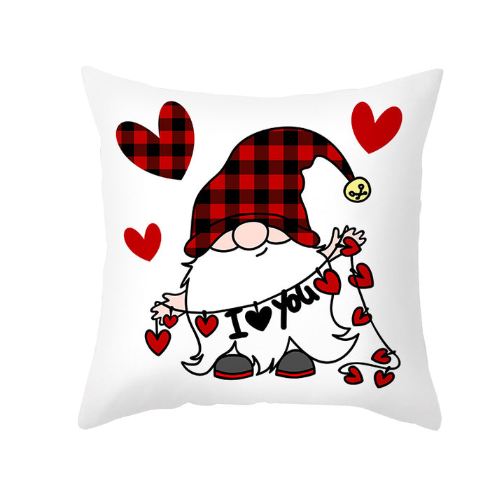 Valentine's Gnome Decorative Throw Pillow Cover with Buffalo Plaid Hat and Heart Garland