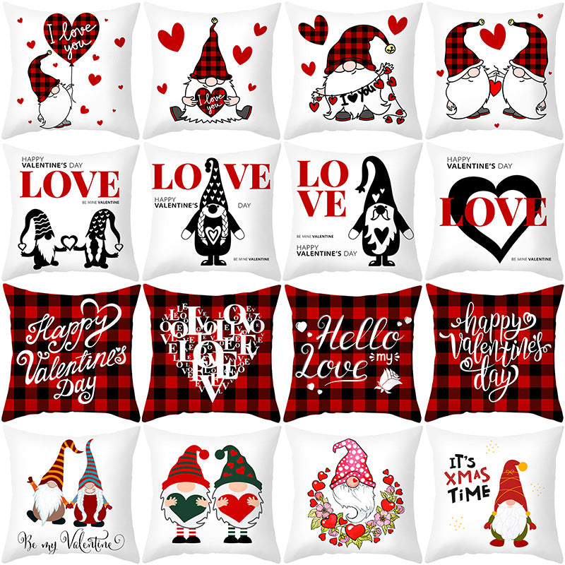Valentine's Gnome Decorative Throw Pillow Cover with Buffalo Plaid Hat and Heart Garland