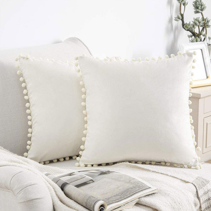 Square Velvet Pom-Pom Trim Throw Pillow Cover