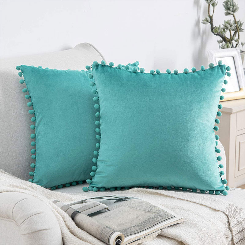 Square Velvet Pom-Pom Trim Throw Pillow Cover