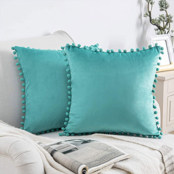 Square Velvet Pom-Pom Trim Throw Pillow Cover