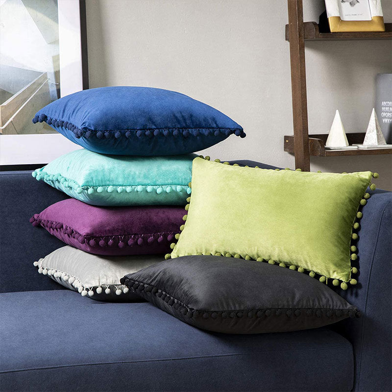 Square Velvet Pom-Pom Trim Throw Pillow Cover
