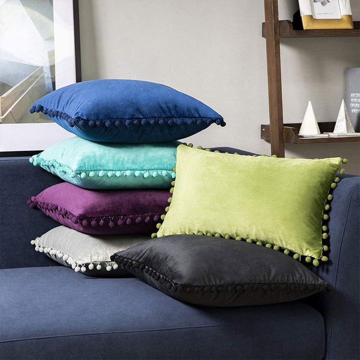 Square Velvet Pom-Pom Trim Throw Pillow Cover