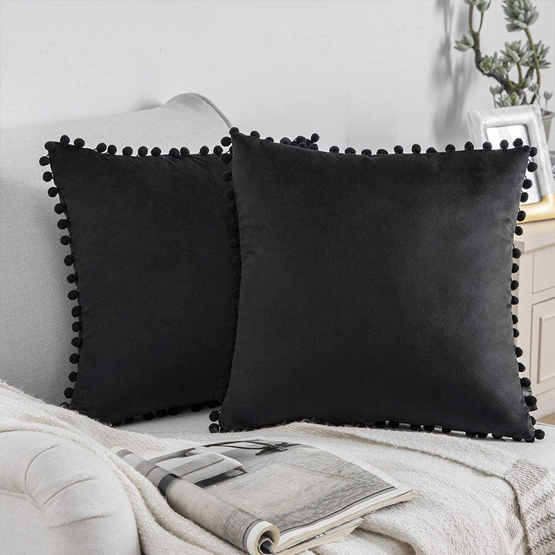 Square Velvet Pom-Pom Trim Throw Pillow Cover