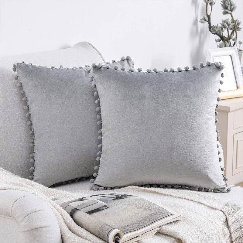 Square Velvet Pom-Pom Trim Throw Pillow Cover