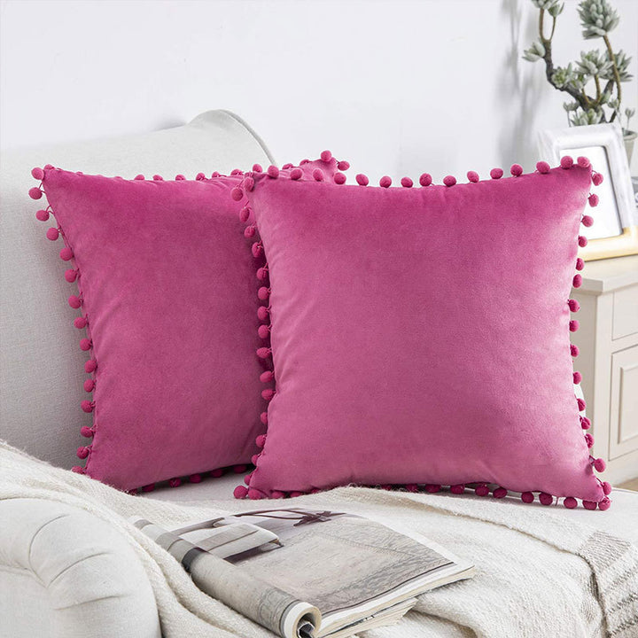 Square Velvet Pom-Pom Trim Throw Pillow Cover