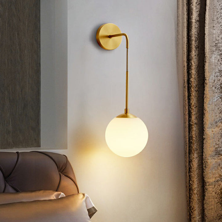 Global Wall Light Fixture Simplicity White Glass 1 Bulb Bedroom Sconce Lamp in Brass | Stornfield