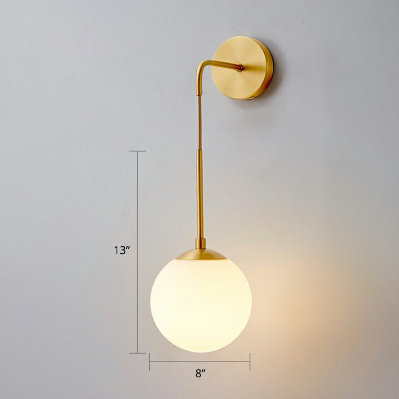 Global Wall Light Fixture Simplicity White Glass 1 Bulb Bedroom Sconce Lamp in Brass | Stornfield