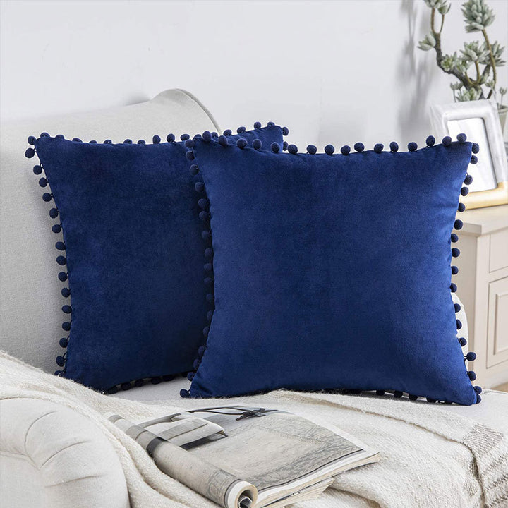 Square Velvet Pom-Pom Trim Throw Pillow Cover