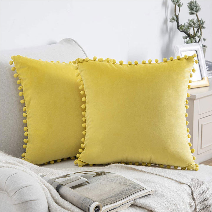 Square Velvet Pom-Pom Trim Throw Pillow Cover