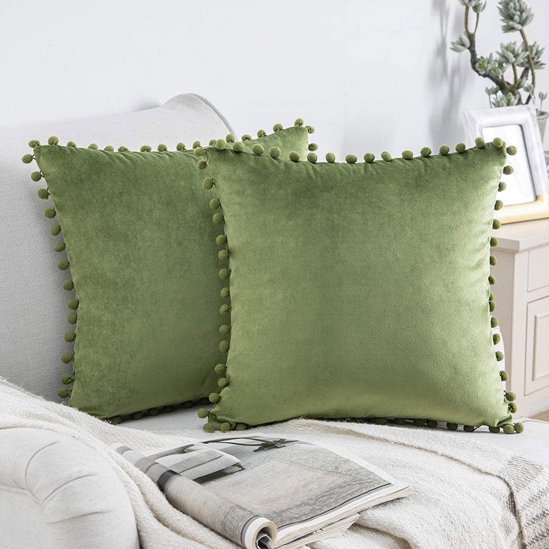 Square Velvet Pom-Pom Trim Throw Pillow Cover
